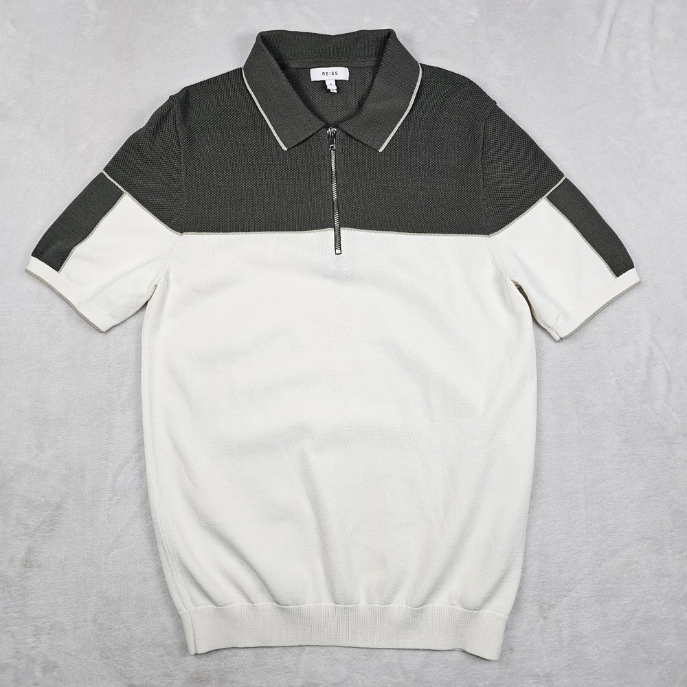 Reiss Nelson Tipped 1/4 Zip Polo Shirt Men S Olive Green White Knit Jumper Money